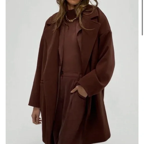 We Wore what Chocolate Brown Oversized Dropped Shoulder Faux Wool Jacket Coat - Picture 10 of 10